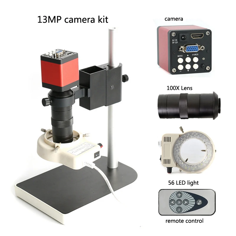 

Microscope 13MP HDMI microscope industrial camera combination 100X lens + infrared remote control digital electronics