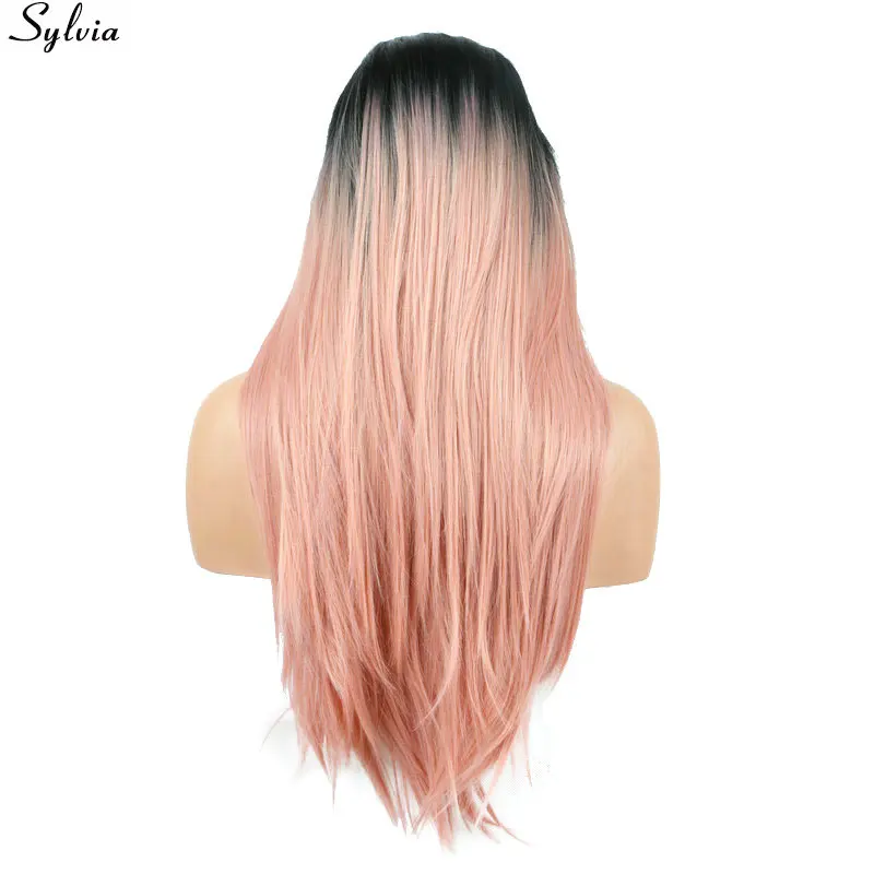 Long straight Synthetic Wigs For Black Women Pink Ombre Black root Wig Heat Resistant Synthetic Female Hair Wig (1)