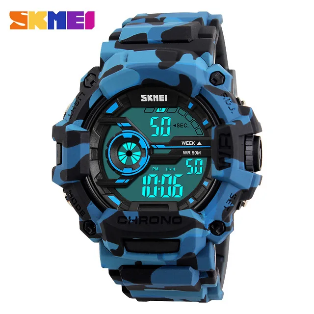SKMEI 1233, мужские цифровые наручные часы, мужские спортивные часы, 50 м, водонепроницаемые, Лидирующий бренд, Роскошные, ударопрочные, светодиодный, цифровой, PU ремешок, часы - Цвет: blue camo
