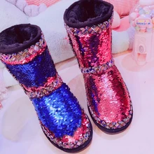 Женские зимние сапоги с блестящими блестками; теплые плюшевые зимние сапоги до середины икры на плоской подошве; Милая женская зимняя обувь; г.; Botas Mujer