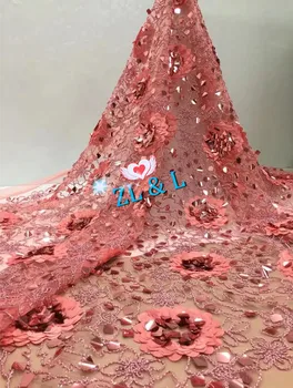 

Large sequins bone rope embroidered French mesh tulle fabric 60305African Nigerian lace suitable for wedding dresses from 2 yard
