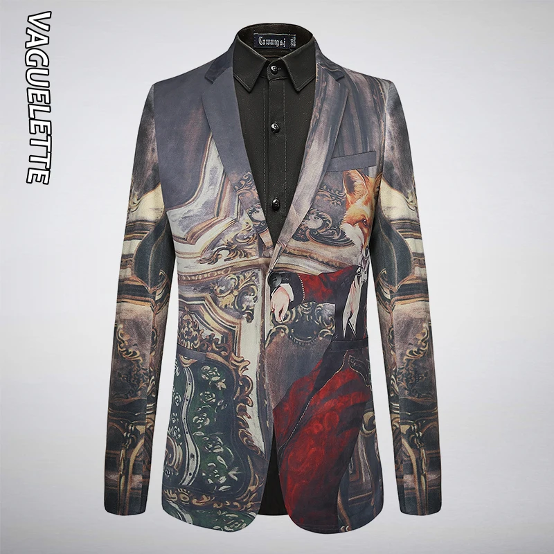

VAGUELETTE Elegant Italy Style Blazer Hombre Slim Fit Male Singer Costumes Luxury Fox Printed Men Blazers 2019 M-4XL