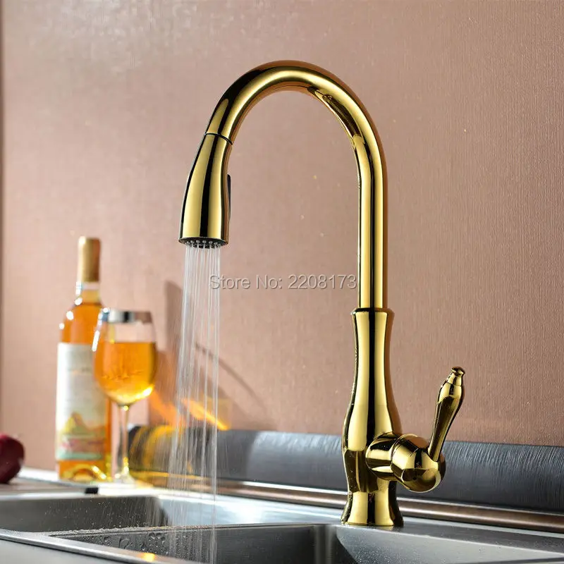  Luxury High Quality Gold Pull Out Sprayer Kitchen Bar Sink Faucet Hand Held Sprayer Mixer Solid Bra - 32710293780