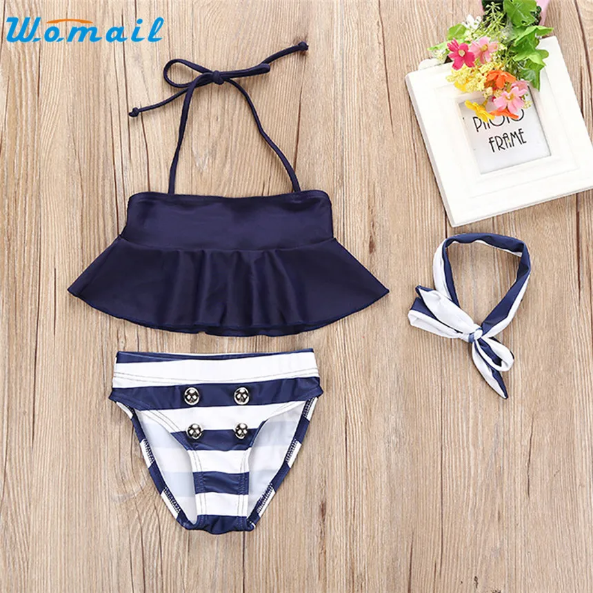2017 Kids Baby Girl Bikini Suit Navy 3pcs set Swimsuit Swimwear Bathing Swimming