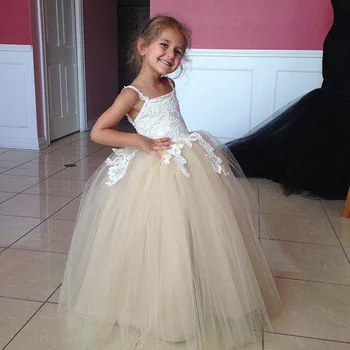 

White Lace Appliques Tops Flower Girl Dresses Spaghetti Straps Tulle Ball Gown for Wedding Party Custom Made