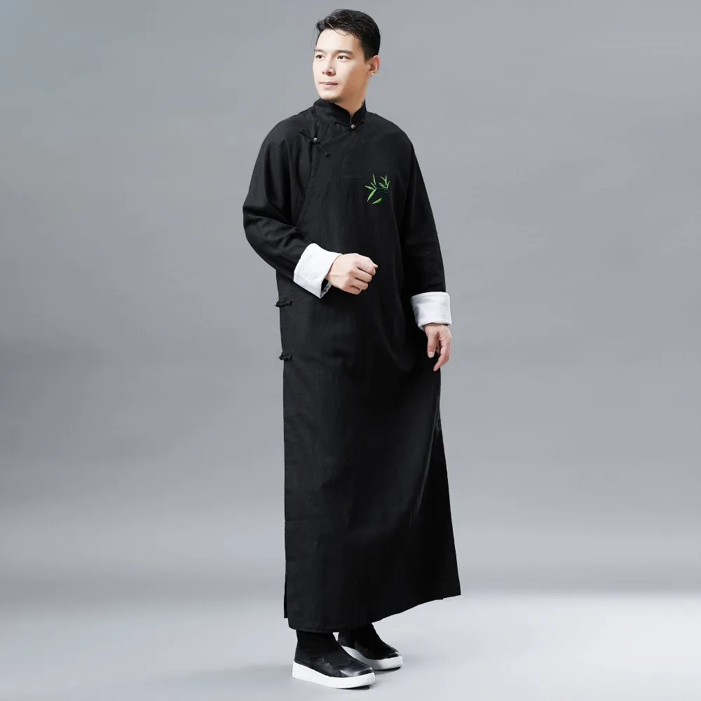 LZJN Chinese Men Classic Master Clothing X-Long Linen Trench Robe Gown Coat Two Side Slit Kung Fu Tai Chi Traditional Outfit (17)