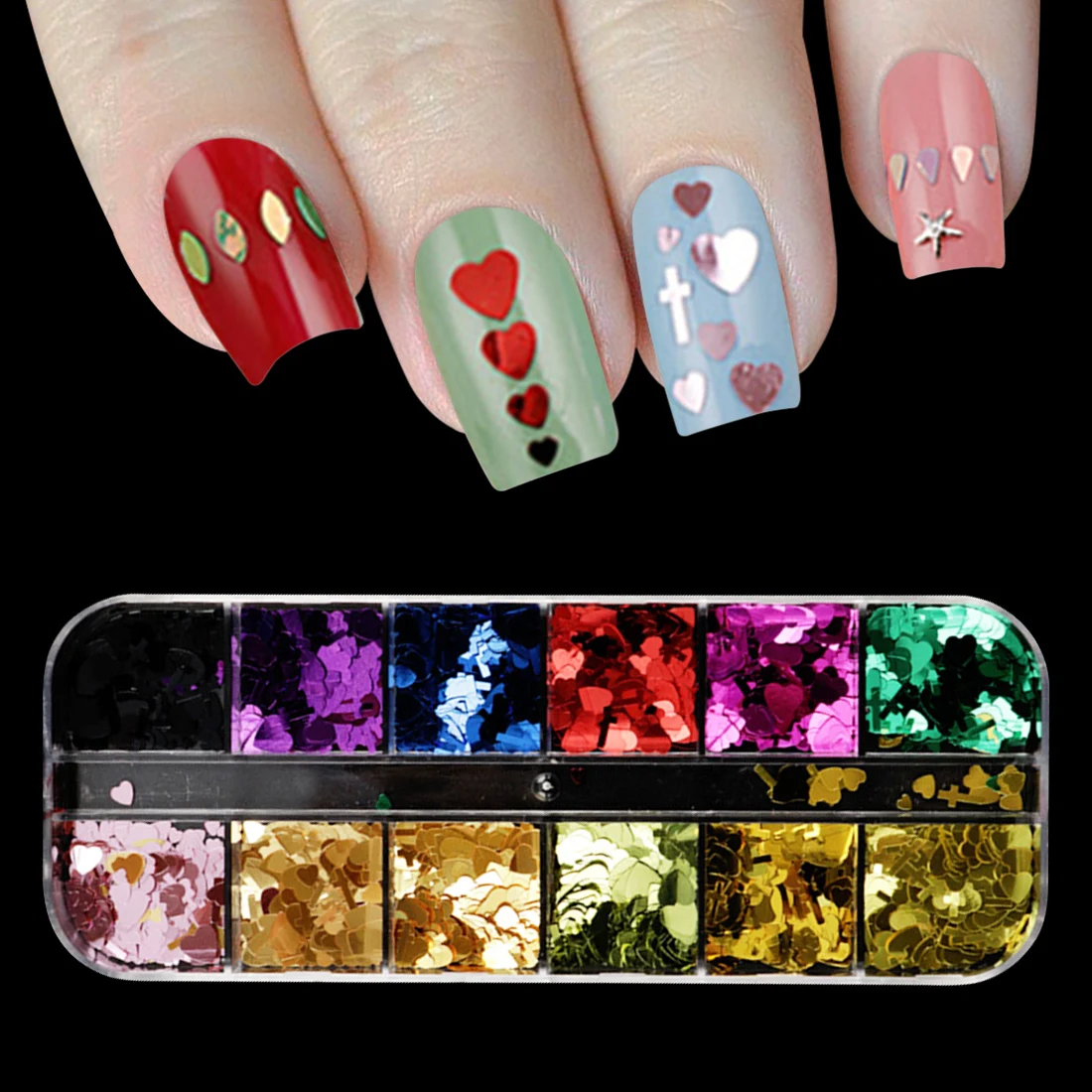  1 Case 12 Grids Nail Glitter Sequins Hourse Eye Waterdrop Heart Cross Caviar Paillette 3D Flakes Na