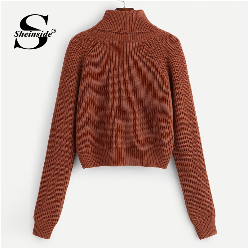 Sheinside Black Coffee Crop Sweater Women Pullovers Roll Neck Raglan Sleeve Jumper Fall Winter Tops For Womens Knitted Sweaters