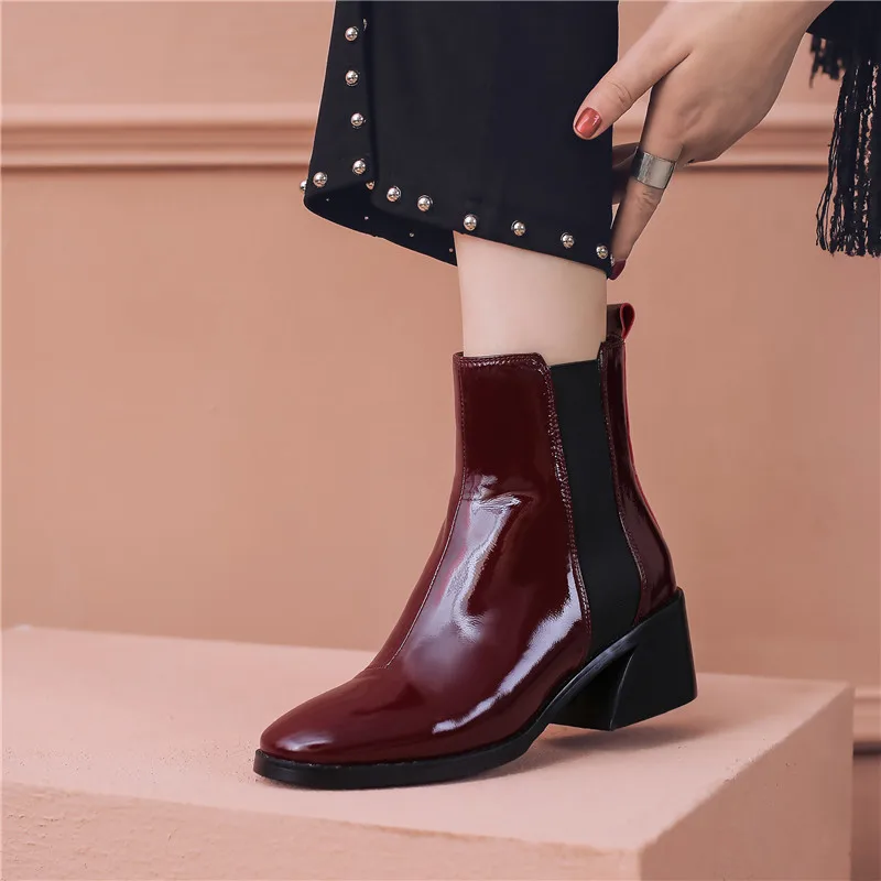 YMECHIC 2018 Wine Red Black Patent Leather Punk Shoes Block High Hoof