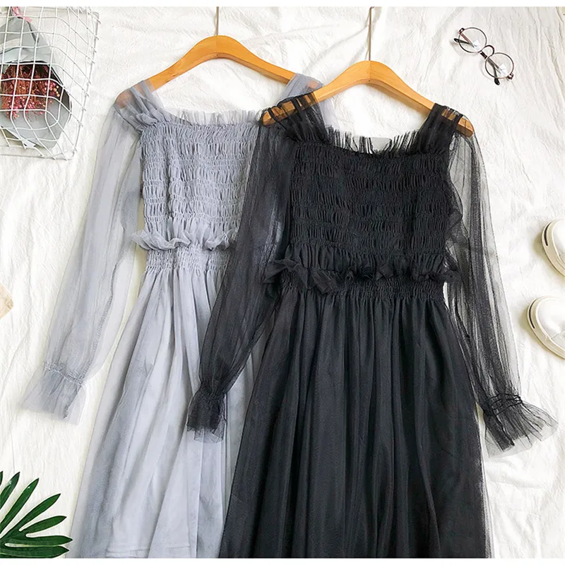 Два предмета весеннее женское длинное платье на тонких бретелях милое кружевное платье с оборками женское Сетчатое платье с длинным рукавом Vestidos AB1397