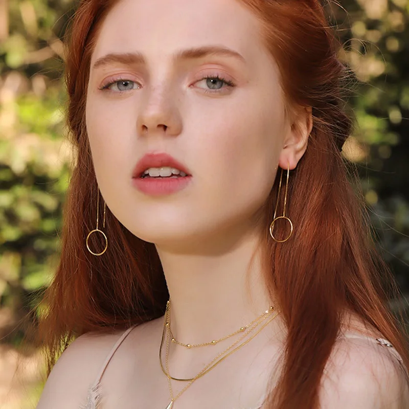 

Trendy real s925 Silver Long Thread Line Earring For Women hollowed Circle Dangle box chain earrings Cocktail Party Accessary