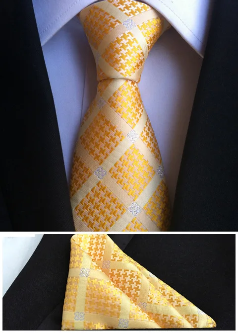 Джентльменские галстуки Набор 8 см строгий галстук желтый с пледы и с сверкающим бриллиантом галстук матч уникальный платок Hanky для костюмов