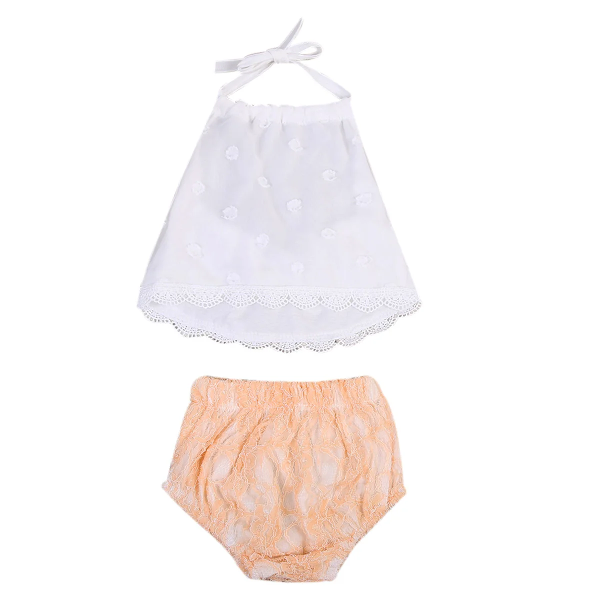 

2017 Summer Cute Newborn Baby Girls Lace Clothes Set Sleeveless Crop Tops White T-shirt+Baby Bloomers Shorts 2PCS Outfit Sunsuit