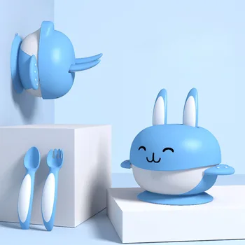 

6pcs/sets Cute Rabbit Sucker Baby Feeding Dish Bowl with Spoon Fork Baby Food Tableware Kids Training Dishes Food Container