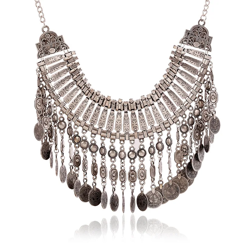 New 2016 Fashion Bib Chunky metal coin tassel Necklace Vintage Unique