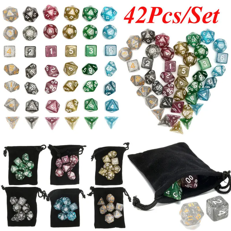 

Brand New Top 42Pcs Polyhedral Dice Set for Dungeons Dragons D20 D12 D10 D8 D6 D4 Games + Bag Board Games Lovers Gifts