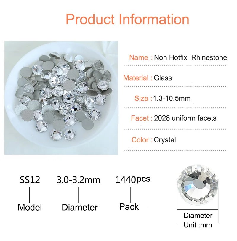 2028 SS3 To SS50 White Non Hot Fix Rhinestones Flatback Crystal Glass Glitter Rhinestones Glue On For Nail Art Decoration B0035