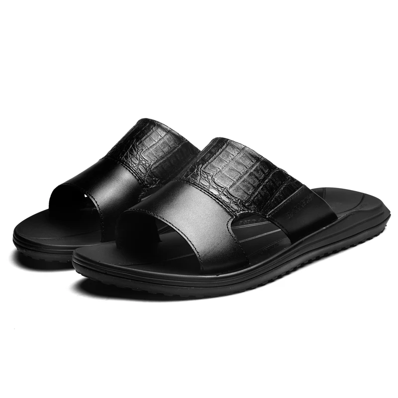 Брендовые Летние черные мужские кожаные шлепанцы; модные вьетнамки для мужчин; винтажные повседневные пляжные сандалии; мягкая нескользящая обувь; zapatos