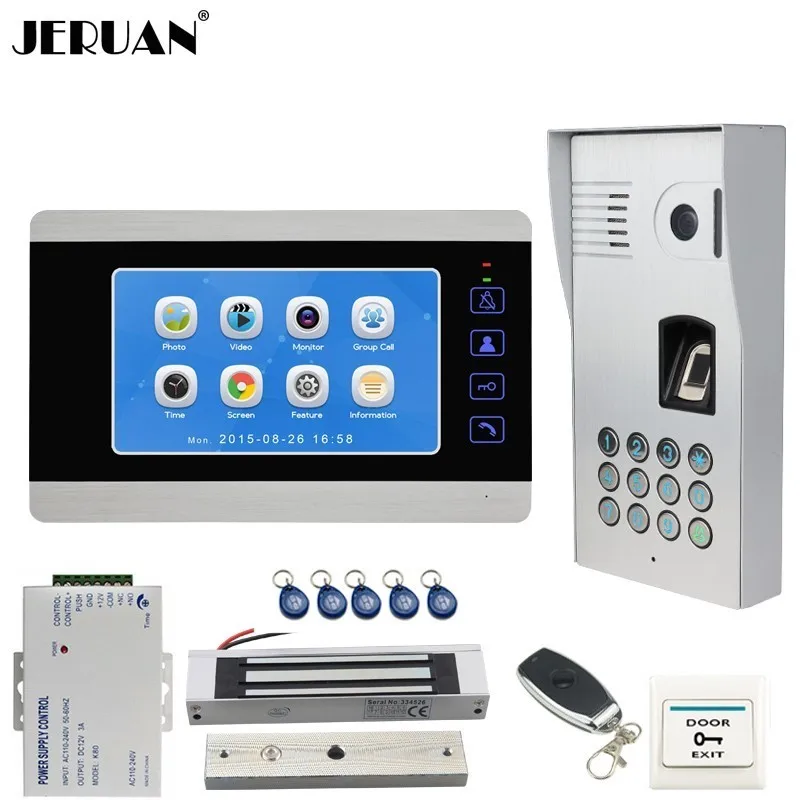 JERUAN 7 inch LCD Video Door Phone Doorbell Record Intercom System Metal Fingerprint Code Keypad RFID Access Camera With Lock