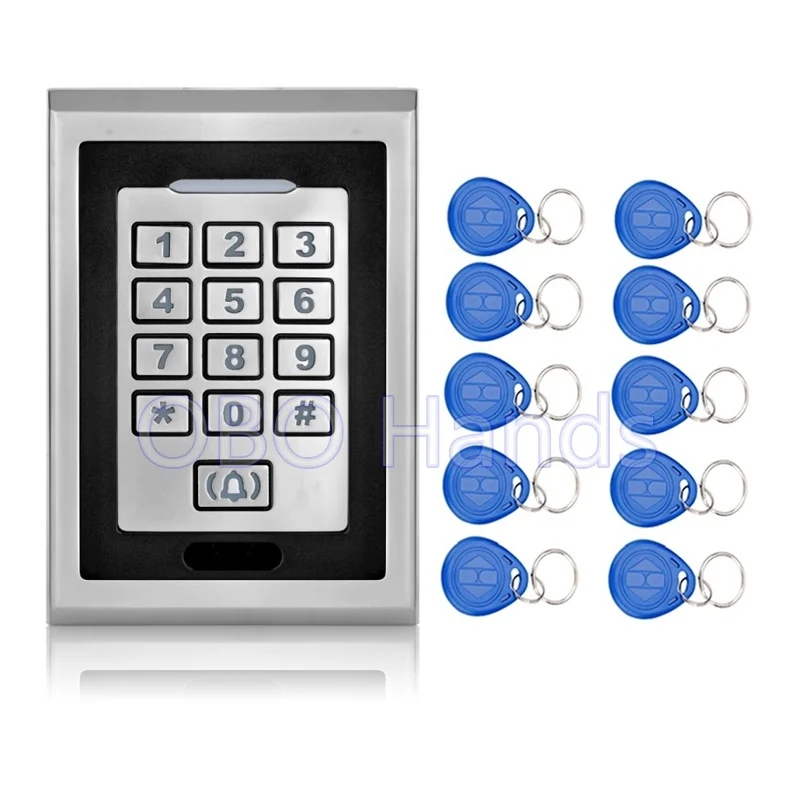 

125KHZ Waterproof Access Controller System With Metal Keypad Door Bell Button RFID Door Lock K82 Silver+10 TK4100 Keychains/fobs