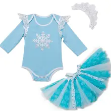Комплект из 3 предметов, платье принцессы с длинными рукавами для маленьких девочек, детская голубая Снежинка, юбка-пачка, повязка на голову с короной для детей 0-24 месяцев