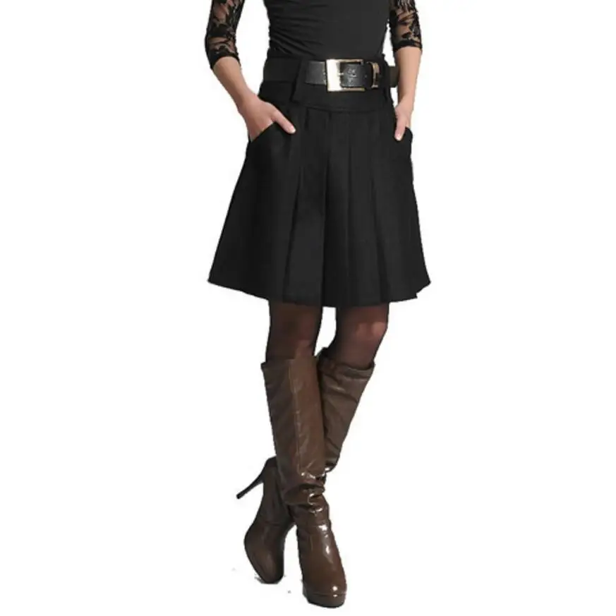 Lxmsth женский Wollen Юбки для женщин осень-зима женский, черный шерстяной карман плиссированная юбка Большие размеры Женская Зимняя шерстяная одежда Юбки для женщин M-4XL