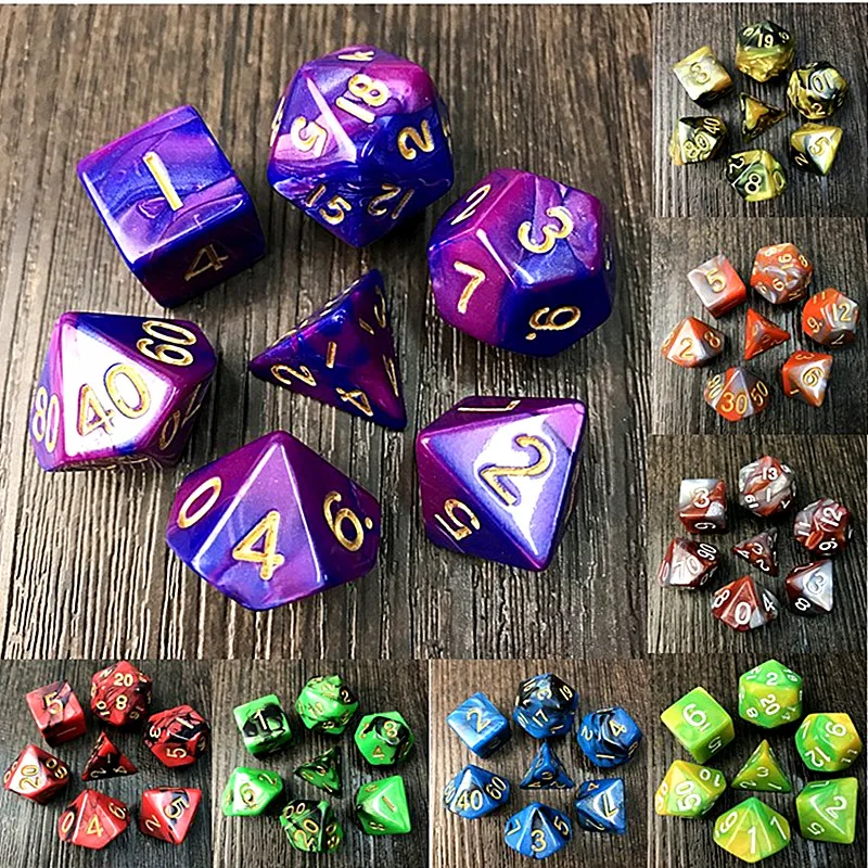 

Top Quality 7pcs 2-color Dice Set with Nebula effect poker d&d d4,d6,d8,d10,d%,d12,d20 Polyhedral Dice, rpg game dice