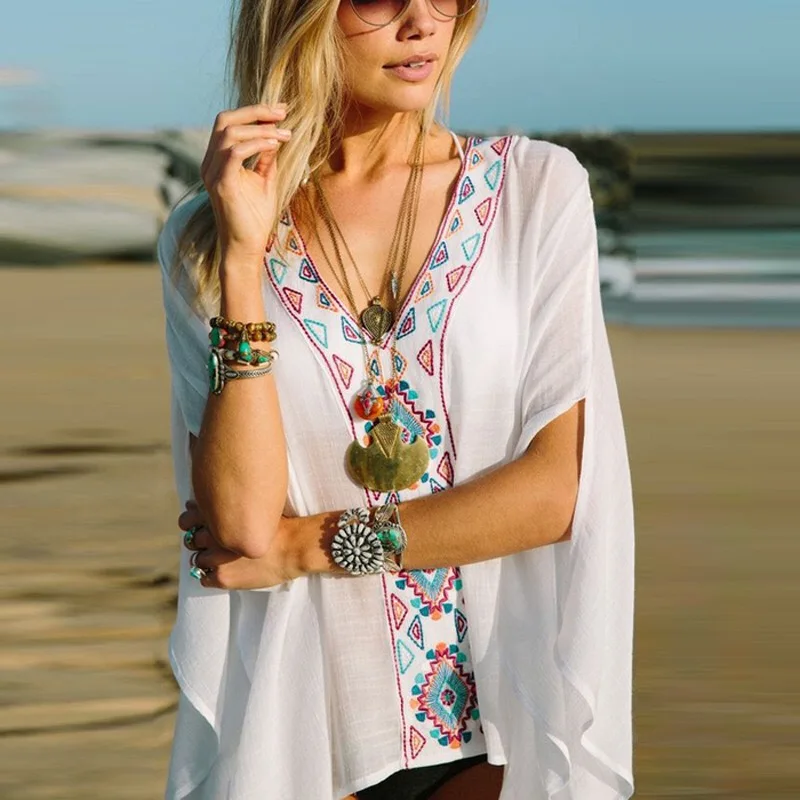 

Womens Fashion V-neck Embroidery Beach Dress Loose Swimsuit Bikini Cover Up