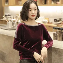 Женская Осень Зима Новая бисероплетенная с вырезом лодочкой бархатная футболка Женские топы высокого качества