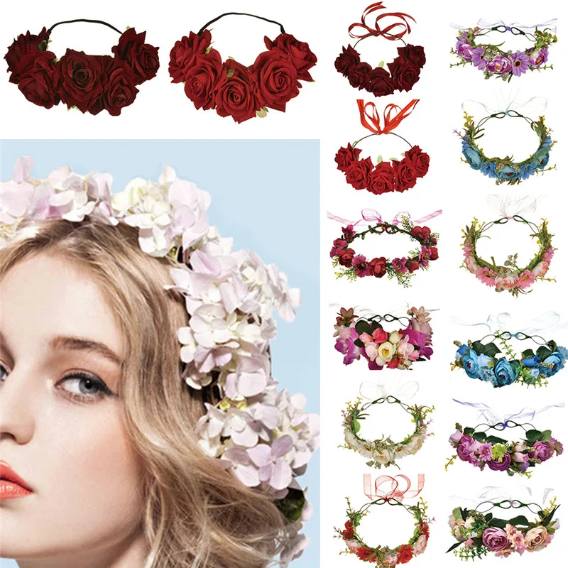 

Velvet Flower Purple Rose Crown Hair Wreath Wedding Headband Headpiece with Ribbon Festival Wedding Party Hair Strap #289410