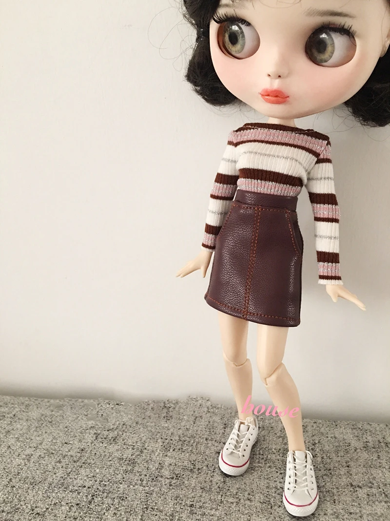 Новая Элегантная одежда Blyth Doll кожаная юбка блуза с высоким воротником в полоску для кукол blyth azone s ob24