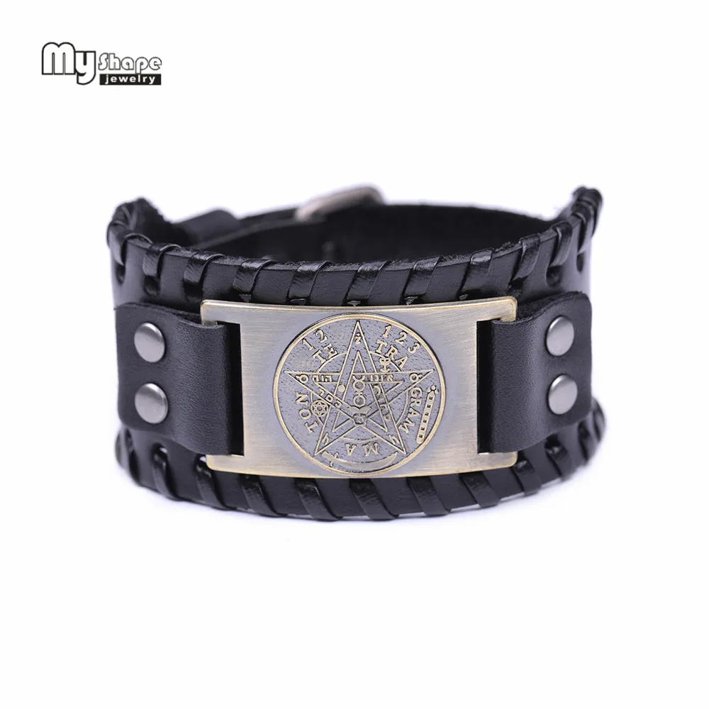 

My Shape Silver Plated Hexagram Pentagram Nordic Runes Amulet Viking Bracelets BanglesTalisman Wide Genuine Leather Bracelet Men