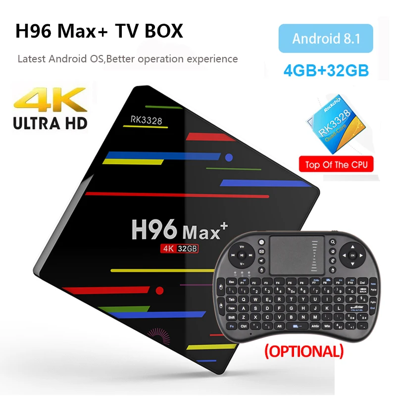 

Android 8.1 H96 MAX Plus Smart TV Box RK3328 Quad Core 4GB 32GB USB3.0 4k H.265 GooglePlay Netflix Media player with i8 Keyboard