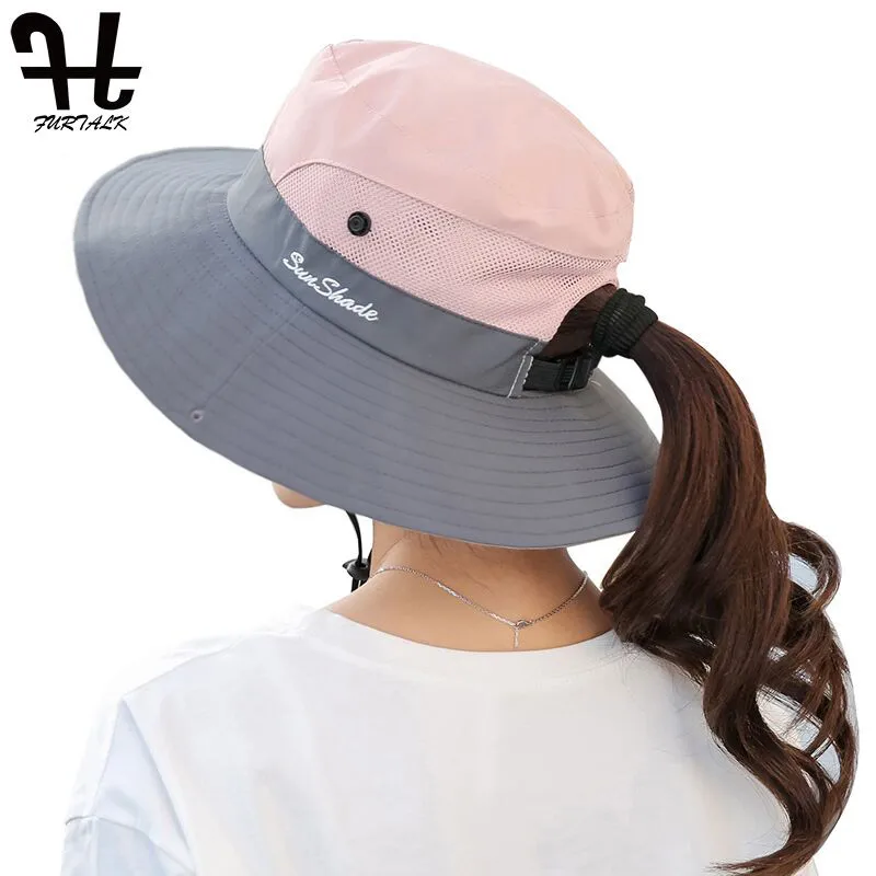 

FURTALK Summer Sun Hat for Women Safari Hats Wide Brim UV Protection Cap Beach Outdoor Ponytail Cap chapeau femme 2019