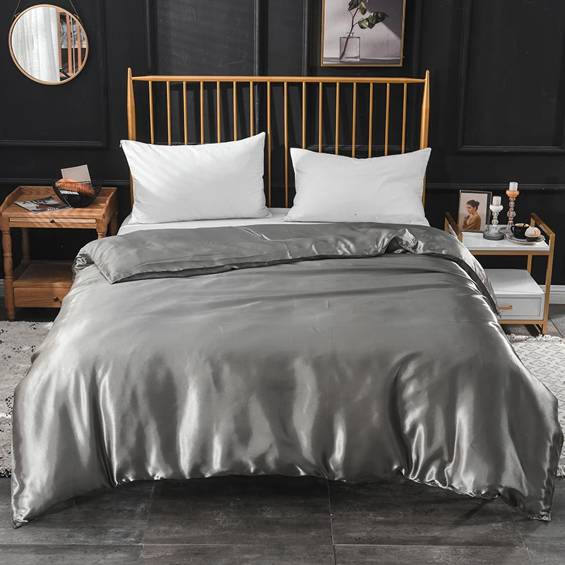 Liv-Esthete New Luxury Satin Silk Gray Bedding Sets Silky 1pcs Duvet Cover Set Bed Set Single Double Queen King Quilt Cover