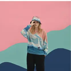 Новинка 2018 года Весна Снежная гора сцена печатных новый дизайн для женщин пуловер Кофты повседневное элегантный дизайн экипажа воротн