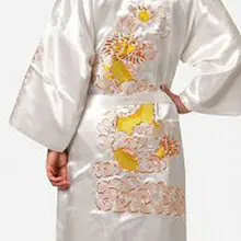 Белый китайский традиционный Мужской Шелковый Атласный халат кимоно с вышивкой банное платье Дракон S M L XL XXL XXXL S0013