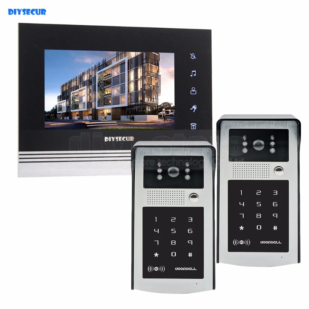 DIYSECUR 7 inch Touch Button Video Door Phone Intercom Doorbell IR Night Vision HD 300000 Pixels RFID Keypad Camera 2V1