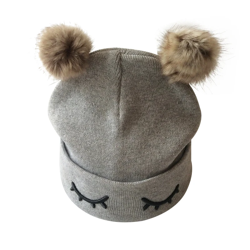 Детская шапка с вышивкой глаз, шапка с двойным помпоном для девочек, вязаная шапочка для маленьких девочек с помпоном, зимняя детская шапка, Детские аксессуары
