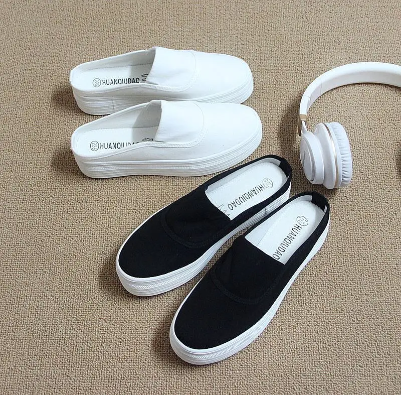 

2018 Summer New Baotou Semi-draft Canvas Shoes Thick Bottom Without Heel Small White Shoes Female One Pedal Lazy Shoes