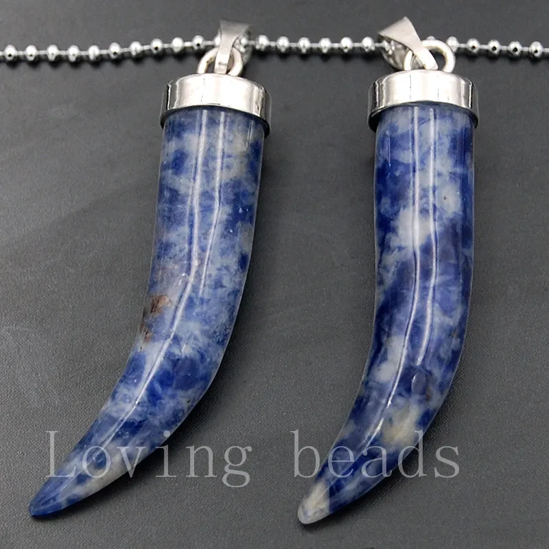 

8x34mm Natural Blue Spot Stone Gem Stones Silver Pointed Healing Reiki Chakra Horn Tooth Spike Pendant Charm Beads 10pcs/Lot