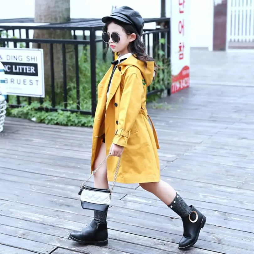 

4-14Y Brand good quality yellow trench for baby girls spring autumn new back letter print coats big baby girls outerwear ws384