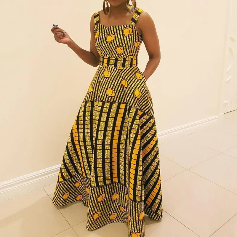 

African Maxi Dress Women Boho Ethnic Fashion Print Sleeveless Robe Swing Summer Elegant Casual Yellow Party Long Dresses Female