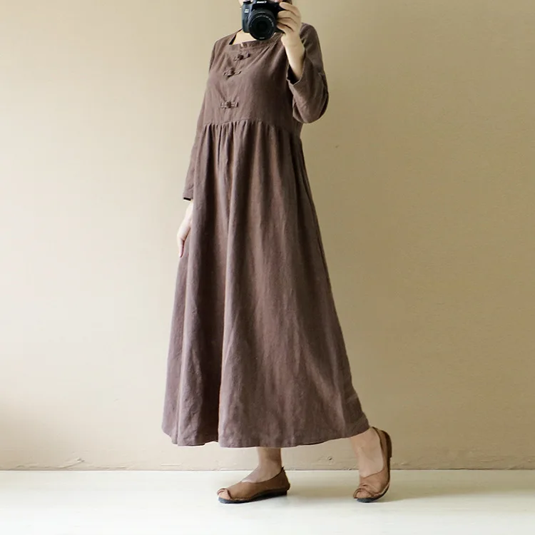 Runback винтажное длинное женское платье с длинным рукавом длиной до щиколотки, женское платье с квадратным воротником на пуговицах, осенние прямые платья