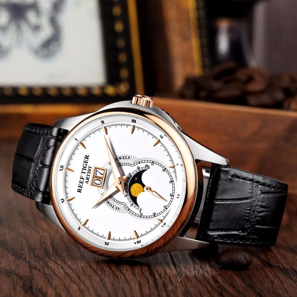 Часы мужские механические с двойным окошком и кожаным ремешком|tiger fashion|watch fwatch