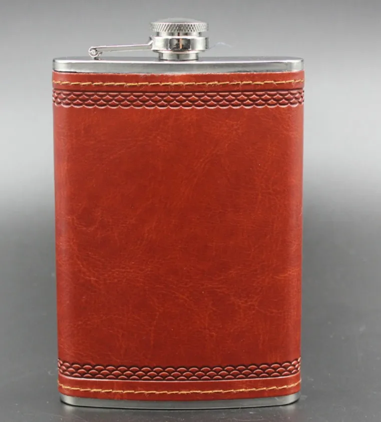 High Quality 9 oz Brown PU Leather Flasks Stainless Steel Hip Flask