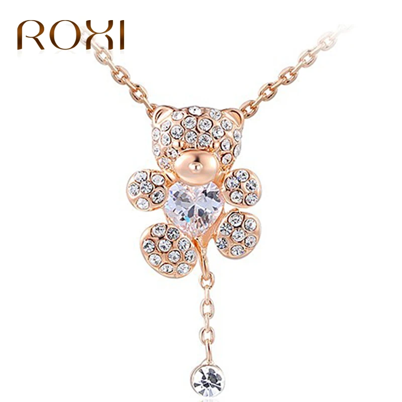 Comercio Al Por Mayor de ROXI 5 unids/lote Colgante Poco Oso Cristales Chakra Del Corazón de Oro Rosa Collar Colgante Gargantilla para Mujeres Colar Feminino