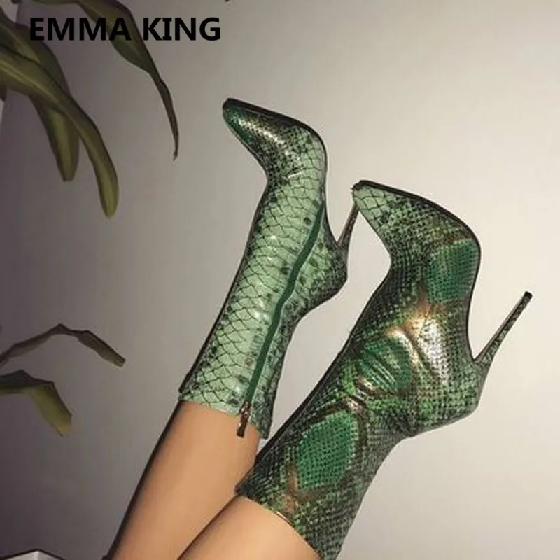 

2019 New Green Snake Prints Women Winter Ankle Boots Pointed Toe Sexy High Heels Ladies Autumn Shoes Woman Thin Heel Martin Boot