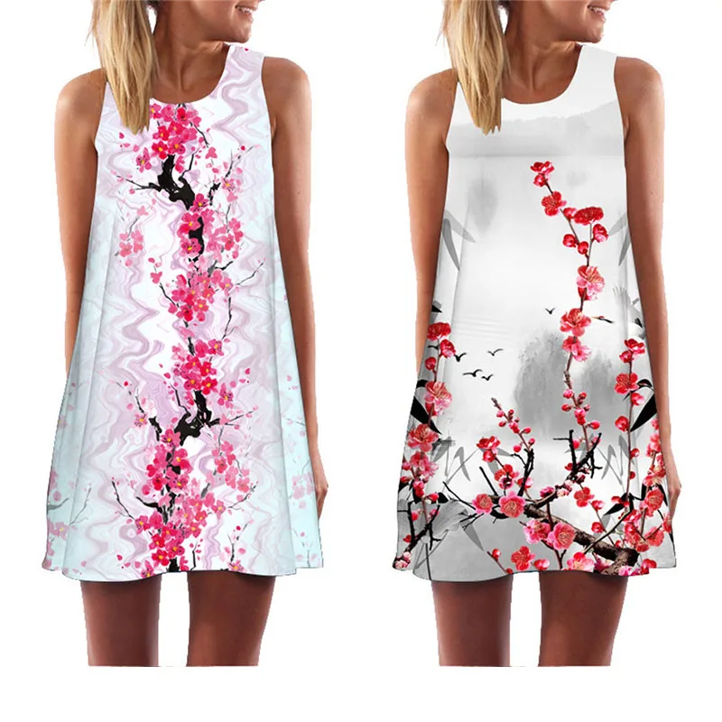 

chuqian Women Sleeveless Dress 2019 Summer New Arrival Casual Loose Beach Holiday Dress Floral Print Tank Dress Above Knee