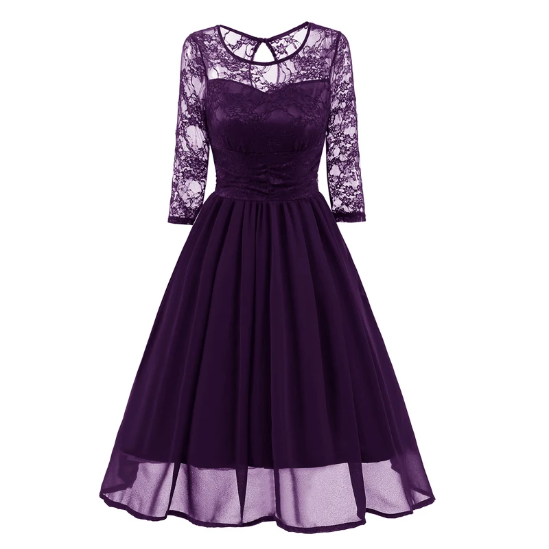 Винтажное осенне-летнее женское платье, повседневное сексуальное кружевное платье с вырезами, женское элегантное однотонное бальное платье, платья для вечеринок Vestidos - Цвет: Фиолетовый
